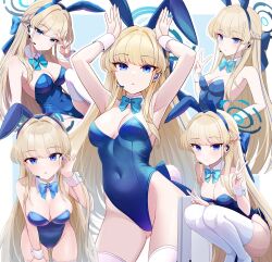  animal_ears bare_shoulders blonde_hair blue_archive blue_bow blue_bowtie blue_eyes blue_halo blue_leotard bow bowtie breasts briefcase cleavage covered_navel detached_collar double_v fake_animal_ears fake_tail female groin halo leotard long_hair looking_at_viewer medium_breasts official_alternate_costume playboy_bunny rabbit_ears rabbit_pose rabbit_tail sakura_ran solo squatting strapless strapless_leotard tail thighhighs thighs toki_(blue_archive) toki_(bunny)_(blue_archive) v white_thighhighs wrist_cuffs 