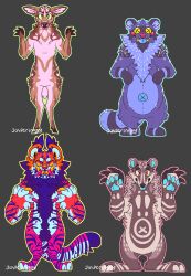  2019 ambiguous_gender animate_inanimate anthro badger blue_body blue_fur blue_inner_ear blue_outline blue_pawpads blue_tongue brown_body brown_fur brown_hooves button_(fastener) button_eyes button_navel claws deer digital_drawing_(artwork) digital_media_(artwork) digitigrade ear_tuft felid flat_colors fur green_eyes green_outline grey_background hi_res hooves jaspering living_plushie mammal multiple_images mustelid musteline orange_body orange_claws orange_fur orange_sclera orange_teeth outline pantherine pawpads pink_body pink_fur pink_outline plantigrade plushie procyonid raccoon red_claws red_eyes red_nose red_teeth signature simple_background solo standing striped_body striped_fur stripes tail tan_body tan_fur teeth tiger tongue tongue_out tuft unguligrade yellow_outline yellow_sclera yellow_teeth 