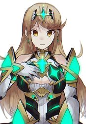  bare_shoulders blonde_hair breasts chest_jewel cleavage cleavage_cutout clothing_cutout commentary crying crying_with_eyes_open earrings elbow_gloves female gloves jewelry large_breasts long_hair looking_at_viewer mugimugis mythra_(xenoblade) solo swept_bangs tears tiara upper_body white_gloves xenoblade_chronicles_(series) xenoblade_chronicles_2 yellow_eyes 