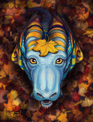  anoroth aquatic_dragon autumn blue_body dragon female feral hi_res leaf leaf_on_head leaves_on_ground marine mythological_creature mythological_scalie mythology scalie sitting solo stripes tail yellow_stripes 