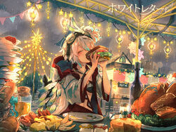  alpaca_connect baguette bottle bread building canopy_(shelter) cheese cheese_wheel christmas christmas_lights closed_eyes eating feather_trim female food food_stand goggles goggles_on_head hair_between_eyes happy harenochi_hareta hood hood_down hooded_jacket house jacket jam jar meat midriff multicolored_hair night official_art open_clothes open_jacket outdoors plate plate_stack rain sandwich sausage short_hair smile stairs star_(symbol) streaked_hair string_of_flags too_much_food tree turkey_(food) upper_body white_hair white_jacket wide_sleeves wine_bottle 