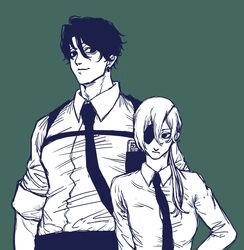  1boy 1dvelwohxzkm7xz adam&#039;s_apple aged_down bad_id bad_twitter_id black_eyes black_hair black_necktie body_straps business_suit chainsaw_man collared_shirt ear_piercing earrings eyepatch female formal hair_between_eyes height_difference highres jewelry kishibe_(chainsaw_man) kishibe_(young)_(chainsaw_man) long_hair long_sleeves looking_at_another looking_at_viewer necktie piercing quanxi_(chainsaw_man) shirt shirt_tucked_in short_hair sleeves_rolled_up smile suit 