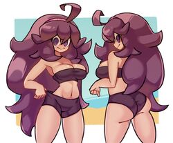  @_@ ahoge alternate_breast_size alternate_costume ass bandeau border breasts cleavage closed_mouth commentary cowboy_shot crop_top curly_hair female hair_between_eyes hairband hex_maniac_(pokemon) kurt_robinson long_hair looking_down midriff multiple_views navel pokemon pokemon_xy purple_eyes purple_hair shorts shorts_tug smile white_border 