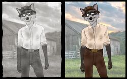  16:10 anthro appalachian azel_(foxmusk) bodily_fluids clothed clothing dirty farm farmer foxmusk fur hat headgear headwear hi_res historical male mammal outside photo_background photography_(artwork) portrait procyonid raccoon solo southern sweat three-quarter_portrait widescreen 