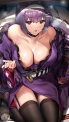  bare_shoulders black_thighhighs breasts choker cleavage commentary_request female garter_straps hair_ornament hairband hairclip hedgehog highres holding_tenbou kneeling knife large_breasts long_hair mahjong mahjong_soul mole mole_under_eye nikaidou_miki no_panties no_shoes nonohachi open_mouth purple_hair red_eyes solo tatami tenbou thighhighs 