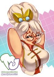  armpit_worship big_breasts breasts eyewear female glasses hair human human_only lips lipstick madjoker makeup mammal nintendo not_furry purah red_lipstick side_boob solo stretching tears_of_the_kingdom the_legend_of_zelda thick_lips white_hair 