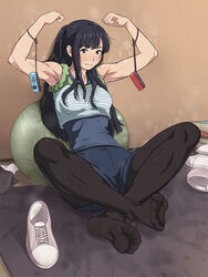  armpits arms_up bare_arms bare_shoulders black_eyes black_hair black_legwear blue_shorts crossed_legs feet female full_body gym_shorts highres legs long_hair looking_at_viewer maku_(l-u) no_shoes original pantyhose shoes shorts sneakers socks soles solo steaming_body sweat tank_top toes toned unworn_shoes 