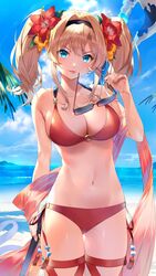  :p absurdres ass_visible_through_thighs beach bikini blonde_hair blue_eyes blush breasts cleavage cowboy_shot day female flower granblue_fantasy groin hair_flower hair_intakes hair_ornament hairband halterneck highres holding holding_removed_eyewear large_breasts long_hair looking_at_viewer navel nezumidoshi o-ring o-ring_bikini ocean official_alternate_costume outdoors red_bikini sidelocks solo stomach sunglasses swimsuit thigh_gap thighs tongue tongue_out twintails unworn_eyewear water zeta_(granblue_fantasy) zeta_(summer)_(granblue_fantasy) 