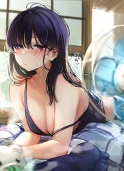  ass bare_arms blue_hair blush breasts cleavage collarbone commentary_request electric_fan female hair_between_eyes highres indoors long_hair looking_at_viewer lying medium_breasts midriff nekomugiharu on_stomach open_mouth original panties purple_eyes revision satou_mei sidelocks solo strap_slip stuffed_animal stuffed_toy sweat tank_top translated underwear 