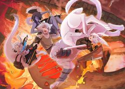  4girls :o animal_ears bag black_hair brown_shirt centauroid cornelia_(mountain_of_heaven) dark-skinned_female dark_skin falling fire handbag highres holding holding_knife holding_shield holding_sword holding_weapon imacomai kanabi_(mountain_of_heaven) knife lava lion_ears long_hair long_sleeves mace monster_girl multiple_girls outdoors pixiv_fantasia pixiv_fantasia_mountain_of_heaven rabbit_ears red_eyes repa_(mountain_of_heaven) shield shirt smirk sword tail taur weapon white_hair yora_(mountain_of_heaven) 