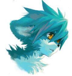  2005 anthro black_nose blue_body blue_fur blue_hair cheek_tuft chest_tuft digital_media_(artwork) facial_tuft fluffy fur hair headshot_portrait jeacn kemono maier male markings open_mouth pivoted_ears portrait solo tuft unknown_species white_body white_fur white_markings yellow_eyes 