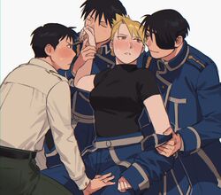  3boys aged_down amestris_military_uniform black_hair black_shirt blonde_hair blue_jacket blush clone_harem closed_eyes closed_mouth commentary conqueror_of_shambala couple earrings embarrassed english_commentary eye_contact eyepatch female folded_ponytail fullmetal_alchemist hand_on_another&#039;s_thigh hand_up holding_another&#039;s_wrist jacket jewelry kissing kissing_hand long_sleeves looking_at_another looking_away looking_back multiple_boys multiple_persona off_shoulder profile raicchi_(raicchi96) red_eyes riza_hawkeye roy_mustang shirt short_hair short_sleeves simple_background smirk straight stud_earrings tight_clothes tight_shirt turtleneck undressing updo white_background white_shirt 