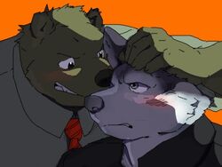  2011 4:3 angry anthro bear black_nose blush brown_body brown_fur canid canine canis clothing domestic_dog duo fur humanoid_hands kemono male mammal necktie orange_background shirt simple_background topwear white_body yama_arashi 