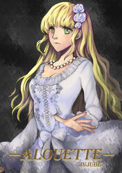  absurdres alouette_(la_danse_macabre) blonde_hair dress female flower green_eyes hair_flower hair_ornament highres jewelry la_danse_macabre long_hair necklace photoshop_(medium) solo wedding_dress white_dress white_flower zao_(natsume998) 