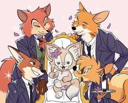  5boys alcohol blush br&#039;er_fox_(disney) champagne_flute coat commentary crossover cup disney drinking_glass falling_petals flower furry furry_female furry_male hair_flower hair_ornament harem honest_john_(disney) looking_at_another male_focus multiple_boys necktie nick_wilde original petals pink_background pinocchio_(disney) robin_hood_(disney) robin_hood_(disney)_(character) song_of_the_south species_connection symbol-only_commentary throne tray uochandayo zootopia 