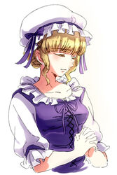  alouette_(la_danse_macabre) bad_id bad_pixiv_id blonde_hair closed_eyes dress female hat hat_ribbon hirumae la_danse_macabre mob_cap own_hands_clasped own_hands_together praying puffy_sleeves ribbon solo 