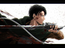  1boy black_hair blood blood_on_clothes blood_on_face blood_splatter blue_eyes brown_jacket cloak closed_mouth fighting_stance green_cloak holding holding_sword holding_weapon jacket letterboxed levi_(shingeki_no_kyojin) long_sleeves looking_away male_focus natsupa paradis_military_uniform profile shingeki_no_kyojin shirt short_hair solo survey_corps_(emblem) sword upper_body weapon white_background white_shirt 