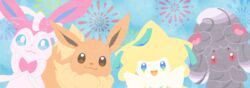  :3 :d alcremie alcremie_(love_sweet) alternate_color arms_up bad_id bad_pixiv_id blue_eyes bright_pupils brown_eyes closed_mouth commentary_request eevee fireworks jirachi looking_at_viewer no_humans open_mouth pokemon pokemon_(creature) prehensile_ribbon punico_(punico_poke) shiny_pokemon smile sylveon 