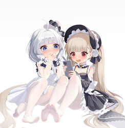  2girls a_san_san absurdly_long_hair absurdres aged_down ahoge azur_lane black_dress black_headwear black_ribbon blonde_hair blue_eyes blush bonnet cellphone chinese_commentary commentary_request covering_own_mouth detached_sleeves dress earrings feet fingernails flower frilled_dress frills gothic_lolita hair_flower hair_ornament hair_ribbon hat highres holding holding_phone jewelry knees_up little_formidable_(azur_lane) little_illustrious_(azur_lane) lolita_fashion long_hair looking_at_phone mini_hat multiple_girls no_shoes pantyhose phone red_eyes ribbon rose see-through see-through_sleeves siblings sisters sitting smartphone soles toes twintails very_long_hair white_dress white_flower white_hair white_headwear white_pantyhose white_rose 