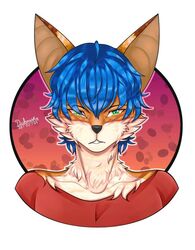  anthro blue_hair bust_portrait canid canine circle clothing countershading culpeo_fox dipstick_ears dubraska_(artist) ear_markings fox green_eyes hair male mammal multicolored_ears portrait red_clothing solo south_american_fox wise_(wiseesp) 