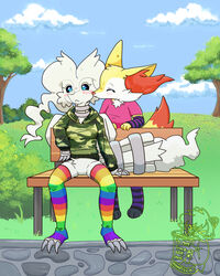  2021 4:5 ambiguous_gender anthro bench blue_eyes blush braixen breasts camo camo_print clothing cloud digital_media_(artwork) duo female female/ambiguous fur generation_5_pokemon generation_6_pokemon hi_res hoodie kissing kissing_cheek legendary_pokemon legwear lgbt_pride multicolored_body multicolored_clothing multicolored_fur multicolored_legwear nintendo nyanpizza o^o outside park park_bench pattern_clothing pattern_legwear pattern_stockings plant pokemon pokemon_(species) pride_color_clothing pride_color_legwear pride_colors rainbow_clothing rainbow_legwear rainbow_pride_clothing rainbow_pride_colors rainbow_symbol reshiram shaded shrub sitting six-stripe_rainbow_pride_colors sky standing stockings striped_clothing striped_legwear striped_stockings stripes surprise surprise_kiss topwear tree white_body white_fur yellow_body yellow_fur 