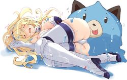  ass bare_shoulders blonde_hair blush breasts cleavage closed_eyes collar dogoo elbow_gloves female gloves iwashi_dorobou_-r- kami_jigen_game_neptune_v large_breasts leotard long_hair neptune_(series) open_mouth orange_eyes slime_(substance) solo strapless strapless_leotard thighhighs unconscious white_leotard white_thighhighs yellow_heart_(neptunia) 