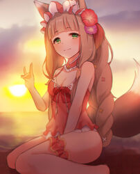  animal_ear_fluff animal_ears bare_arms bare_shoulders barefoot between_legs blunt_bangs blush braid breasts brown_hair casual_one-piece_swimsuit cleavage closed_mouth commentary dress_swimsuit female flower fox_ears fox_girl fox_shadow_puppet fox_tail gadeung_hye green_eyes hand_between_legs hand_up horizon long_hair looking_at_viewer looking_to_the_side maho_(princess_connect!) maho_(summer)_(princess_connect!) medium_breasts ocean one-piece_swimsuit outdoors photoshop_(medium) princess_connect! red_one-piece_swimsuit sitting smile solo sun sunset swimsuit tail very_long_hair wariza water 