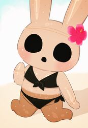  animal_crossing anthro bikini chibi clothing coco_(animal_crossing) empty_eyes featureless_feet featureless_hands feet female flat_chested flower gyroid hi_res kneeling lagomorph leporid mammal moichi_(pixiv) nintendo open_mouth plant rabbit solo swimwear 