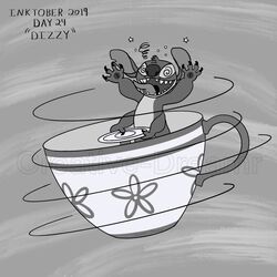  1:1 2019 4_arms 4_fingers alice_in_wonderland_(1951) alice_in_wonderland_(disney) alien amusement_park claws container creative-dreamr cup disney disney_parks dizzy english_text experiment_(lilo_and_stitch) fingers fur greyscale happy head_tuft inktober lilo_and_stitch mad_tea_party monochrome motion_lines multi_arm multi_limb notched_ear open_mouth open_smile pawpads raised_arm smile solo spinning spiral_eyes star stitch_(lilo_and_stitch) tea_cup text tongue tongue_out tuft watermark 