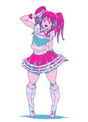  :d blue_hair boots clothes_writing female full_body furuta_(company) furutan gloves hand_up head_tilt high_heel_boots high_heels highres looking_at_viewer multicolored_hair open_mouth pigeon-toed pink_hair pink_skirt simple_background skirt smile solo tasaka_shinnosuke twintails two-tone_hair white_background white_gloves 