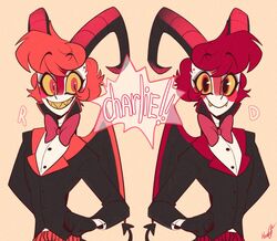  anthro bovid caprine clothed clothing dazzle_(hazbin_hotel) demon dialogue duo english_text fangs fur goat hair hazbin_hotel hi_res honromi horn humanoid_face male mammal multicolored_body multicolored_fur open_mouth open_smile razzle_(hazbin_hotel) red_body red_fur red_hair simple_background smile speech_bubble teeth text two_tone_body two_tone_fur white_body white_fur 