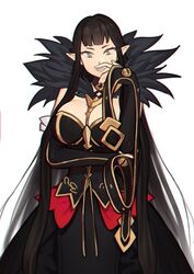  arm_under_breasts black_dress black_hair breasts commentary covering_own_mouth detached_sleeves dress elf english_commentary fate/apocrypha fate_(series) female hand_over_own_mouth hand_up large_breasts long_hair looking_at_viewer pointy_ears semiramis_(fate) simple_background smile solo sunna_(nilsunna) very_long_hair white_background yellow_eyes 