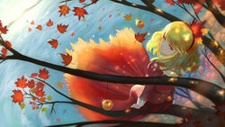  aki_shizuha apple autumn autumn_leaves blonde_hair dress falling_leaves female food forest fruit in_tree lake leaf long_sleeves looking_at_viewer maple_leaf multicolored_clothes multicolored_dress nature orange_dress outdoors red_dress short_hair smile solo sunlight teasmacker touhou tree 