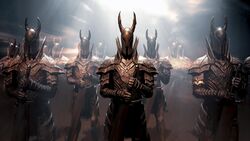  6+boys absurdres armor black_knight_(dark_souls) breastplate dark_souls_(series) dark_souls_i english_commentary espen_olsen_saetervik fake_horns faulds full_armor gauntlets helmet highres holding holding_weapon horned_helmet horns knight multiple_boys pauldrons shoulder_armor standing sword weapon 