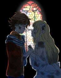  1boy alouette_(la_danse_macabre) bad_end bad_id bad_pixiv_id blonde_hair brown_hair couple death dress female flower hair_flower hair_ornament hirumae holding_hands jewelry la_danse_macabre lazare_(la_danse_macabre) long_hair necklace rotting scarf stained_glass straight wedding_dress white_dress white_flower 