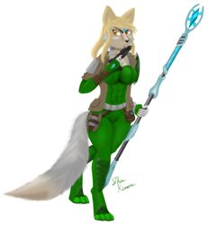  2019 5_fingers abs absurd_res anthro armor big_breasts blonde_hair bodysuit breasts canid canine clothed clothing crown digital_media_(artwork) electricity feet female fingers fluffy fluffy_tail fox fur fuzzy grey_body grey_fur gun hair handgun headgear hi_res holding_gun holding_object holding_ranged_weapon holding_weapon jacket lightning looking_at_viewer mammal melee_weapon multicolored_body multicolored_tail neon_genesis_evangelion orange_eyes plugsuit ranged_weapon science_fiction shin_kerron skinsuit smile solo staff standing tail thick_thighs tiara tight_clothing toes topwear weapon 