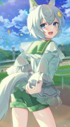  :d adjusting_clothes animal_ears ass blue_eyes blush commentary_request cowboy_shot female from_behind grey_hair hair_between_eyes highres horse_ears horse_girl horse_tail kkokko long_sleeves looking_at_viewer looking_back outdoors seiun_sky_(umamusume) short_hair shorts smile solo tail umamusume 