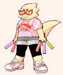  alphys anthro black_clothing black_legwear bottomwear breasts buckteeth clothing eyewear felid feline female footwear front_view full-length_portrait glowstick grey_bottomwear grey_clothing grey_shorts heart_symbol holding_object legwear lizard mammal mew_mew_(undertale) mew_mew_kissy_cutie non-mammal_breasts pattern_clothing pattern_shirt pattern_topwear pink_clothing pink_shirt pink_topwear portrait reptile scalie shirt shirt_logo shoes shorts simple_background sneakers solo standing sunglasses t-shirt tail teeth thick_tail tktk_nmnm topwear undertale undertale_(series) yellow_body 