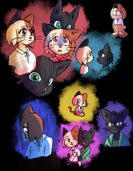  abstract_background anthro black_background black_body black_fur bottomwear brown_body brown_fur calico_cat closed_eyes clothed clothing domestic_cat duo eye_contact felid feline felis female fur furgonomics garfield_(series) garfield_the_cat green_eyes hug jacket kneeling looking_at_another looking_up looming mammal mottled odd_taxi one_eye_closed orange_eyes oruguin parody piebald sakura_wadagaki_(odd_taxi) scared seiza shadow shiho_ichimura_(odd_taxi) shirt simple_background sitting skirt smile spots tail tail_through_skirt tan_body tan_fur topwear whiskers 