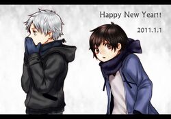  2boys black_hair blue_eyes brown_eyes coat darren_shan hood letterboxed mittens multiple_boys platinum_blonde_hair scarf short_hair soraxsky steve_leonard the_saga_of_darren_shan winter winter_clothes winter_coat 