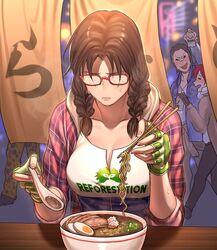  1boy 2girls beer_can bespectacled bowl braid breasts brown_hair can casual chopsticks cleavage collarbone commentary drink_can drunk egg english_commentary fingerless_gloves fogged_glasses food glasses gloves green_gloves han_soo-min_(hanny) hanny_(uirusu_chan) highres holding holding_chopsticks hood hood_down julia_chang kamaboko large_breasts lei_wulong low_twin_braids meat medium_hair multiple_girls narutomaki noodles original plaid plaid_shirt print_shirt ramen red-framed_eyewear sapporo_beer shirt solo_focus soup spoon steam sweat tekken tekken_7 truth twin_braids 