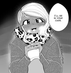  :d animal_print blush breath coat commentary confession crying crying_with_eyes_open dark-skinned_female dark_skin english_commentary english_text female fingernails greyscale highres holding_hands kitchencatsoup komi-san_wa_komyushou_desu leopard_print looking_at_viewer manbagi_rumiko monochrome open_mouth out_of_frame pov pov_hands scarf smile solo_focus speech_bubble standing tearing_up tears teeth upper_teeth_only 