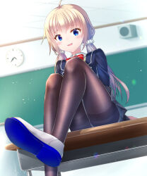  absurdres ahoge analog_clock arm_support black_skirt blonde_hair blue_eyes blue_jacket blurry blurry_background blush bow bowtie brown_pantyhose cardigan ceiling chalkboard classroom clock commentary desk dot_nose dutch_angle female from_below getsuyoshi hair_ornament hair_scrunchie highres itsumura_haruka jacket leg_focus leg_up legs long_hair looking_at_viewer on_desk open_mouth pantyhose re:stage! red_bow red_bowtie school_uniform scrunchie shoes sitting skirt smile solo speaker striped_bow striped_bowtie striped_clothes tile_ceiling tiles wall_clock white_footwear white_scrunchie yellow_cardigan 