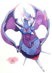  025aki 2018 anthro blue_body breasts claws featureless_breasts female generation_7_pokemon hi_res naganadel navel nintendo open_mouth pokemon pokemon_(species) signature simple_background solo spikes spikes_(anatomy) stinger tongue ultra_beast wings 