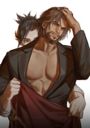  2boys abs arm_up bare_pectorals beard black_hair brown_hair cassidy_(overwatch) chinese_commentary collarbone commentary_request cowboy_shot facial_hair fan_mu_zhang hand_in_own_hair hanzo_(overwatch) highres long_sleeves looking_at_another male_focus multiple_boys overwatch pectorals simple_background smile teeth undressing upper_body white_background yaoi 