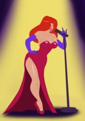  1girls annon big_breasts breasts cleavage disney dress eyeshadow gloves hair_over_one_eye high_heels jessica_rabbit lipstick makeup microphone on_stage red_hair singing solo thick_thighs voluptuous who_framed_roger_rabbit wide_hips 