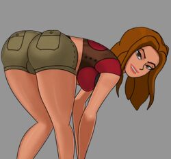  1girls ass ass_focus ass_up bent_over booty_shorts breasts brown_eyes cameltoe cargo_shorts clothing crop_top drawingthings12 edit female female_only huge_ass hunched_over jumanji karen_gillan large_breasts long_hair looking_at_viewer looking_back pussy red_hair ruby_roundhouse smile sunsetriders7 thick_ass thick_thighs wide_hips 