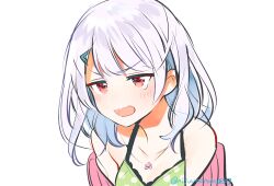  bare_shoulders blush breasts camisole cleavage collarbone female green_camisole grey_hair hair_ornament hairclip highres jacket long_hair medium_breasts morinaka_kazaki nijisanji ninahachi off_shoulder open_mouth pink_jacket polka_dot_camisole red_eyes simple_background solo tears twitter_username upper_body v-shaped_eyebrows virtual_youtuber wavy_mouth white_background 