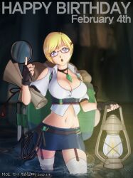  anna_(master_of_eternity) arm_cutout artist_name backpack bag banghwadongjopidi black_gloves blonde_hair blue_eyes blue_skirt breasts character_name cleavage commentary copyright_name crop_top dated english_text fingerless_gloves gem glasses gloves green_bag green_gemstone groin happy_birthday highres holding holding_lantern holding_magnifying_glass jewelry korean_commentary lantern large_bag magnifying_glass map master_of_eternity medium_breasts midriff navel necklace open_mouth pencil_skirt purple_garter_straps red-framed_eyewear semi-rimless_eyewear shirt short_hair skirt swept_bangs thighhighs wading white_shirt white_thighhighs 