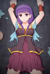  1girls arms_up bare_arms collarbone expressionless fire_emblem fire_emblem:_the_sacred_stones forced imminent_rape looking_at_viewer lute_(fire_emblem) medium_breasts medium_hair necklace nintendo pazu_056 pazuzu438 purple_eyes purple_hair restrained solo_female solo_focus torn_clothes 